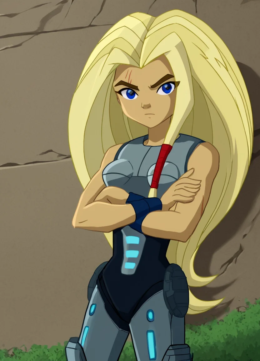 <lora:TorunnPony2.0:0.9> torunn, 1girl, long hair, blonde hair, solo, blue eyes, bodysuit,wristband, breastplate,boots,hair tubes, looking at viewer, outdoors, crossed arms,