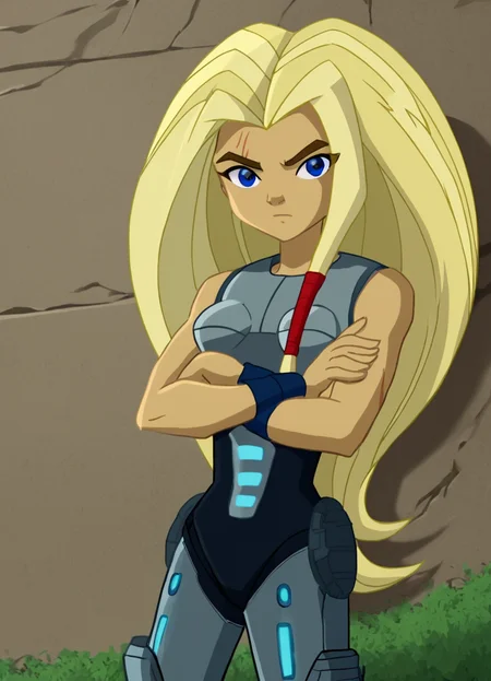 <lora:TorunnPony2.0:0.9> torunn, 1girl, long hair, blonde hair, solo, blue eyes, bodysuit,wristband, breastplate,boots,hair tubes, looking at viewer, outdoors, crossed arms,