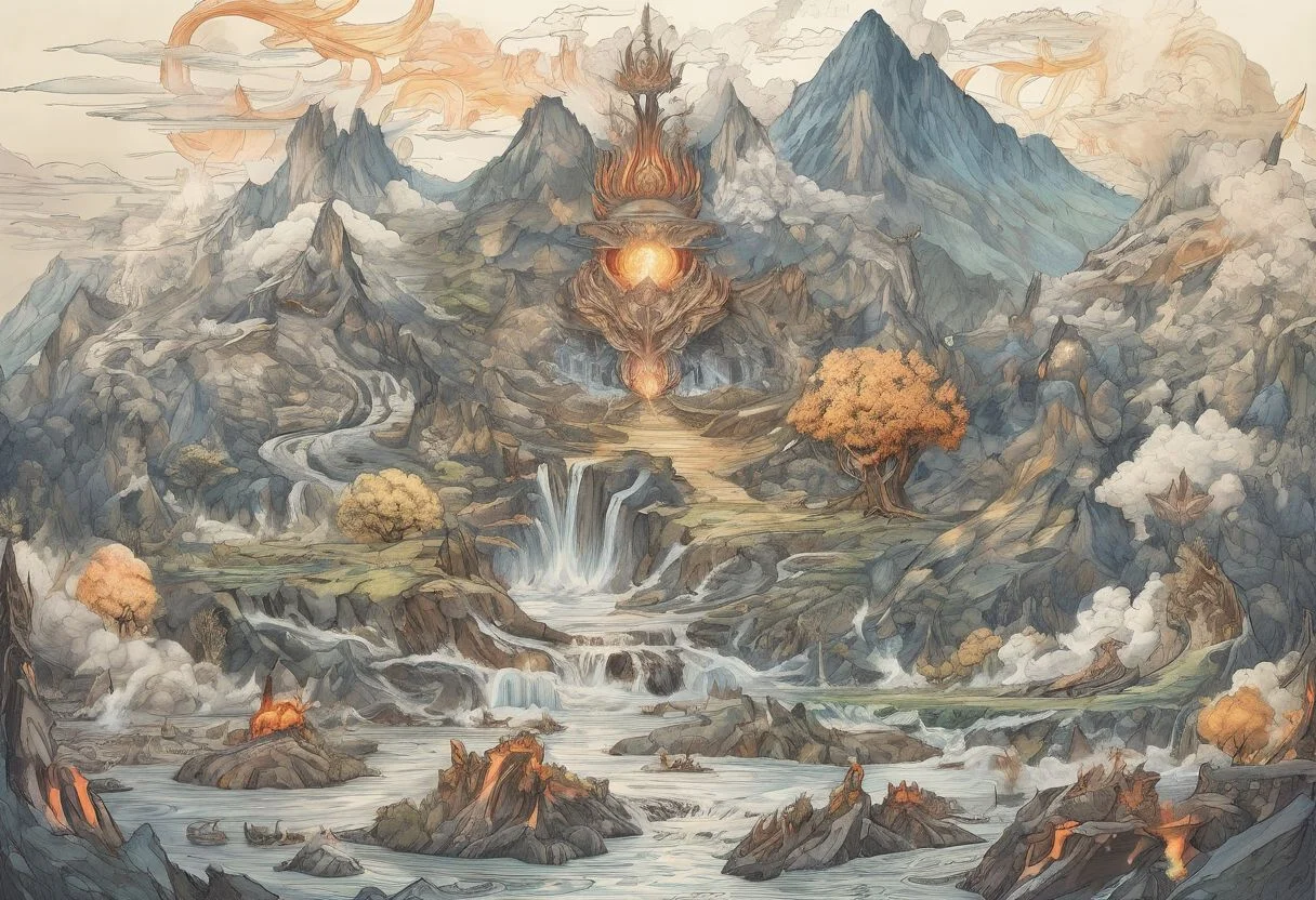 (masterpiece:1.2), (best quality,:1.2), 8k, HDR, ultra detailed, (drawing), vibrant color
Harmony of elemental energies.
Ultimate display of elemental mastery. Encompass all four elements in a harmonious and creative way. Showcase (the essence of air), (the beauty and power of water), (the intensity of fire) and (the strength and solidity of earth).
Air might be expressed with floating islands, gentle breezes, flying creatures, or ethereal, sky-bound realms.
Water might be expressed with Imagine serene lakes, raging seas, water elemental creatures, or underwater realms.
Fire might be expressed with volcanic landscapes, fiery creatures, or hot waifus.
Earth might be expressed with majestic mountains, lush forests, cavernous underground realms, or earthy creatures.