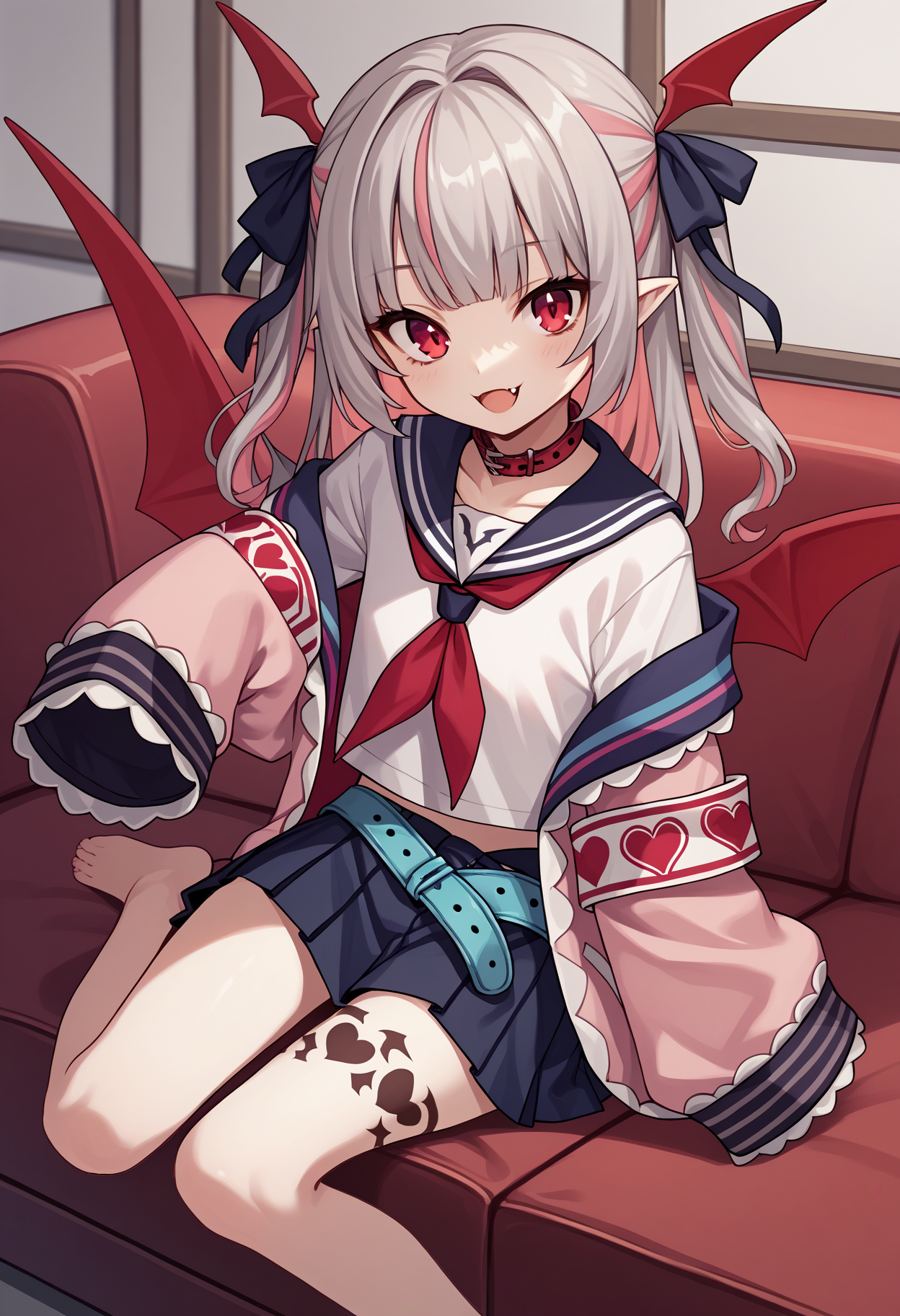 score_9, score_8_up, score_7_up, score_6_up, score_5_up, score_4_up, source_anime, mririmu, grey hair, two side up, hair ribbon, fang, wings, red wings, tattoo, leg tattoo, collar, serafuku, shirt, neckerchief, jacket, pink jacket, off shoulder, long sleeves, armband, sleeves past wrists, sleeves past fingers, belt, skirt, sofa, sitting, smile, looking at viewer<lora:MakainoRirimuXL-19:1>