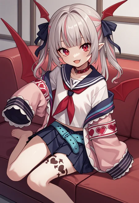 score_9, score_8_up, score_7_up, score_6_up, score_5_up, score_4_up, source_anime, mririmu, grey hair, two side up, hair ribbon, fang, wings, red wings, tattoo, leg tattoo, collar, serafuku, shirt, neckerchief, jacket, pink jacket, off shoulder, long sleeves, armband, sleeves past wrists, sleeves past fingers, belt, skirt, sofa, sitting, smile, looking at viewer<lora:MakainoRirimuXL-19:1>