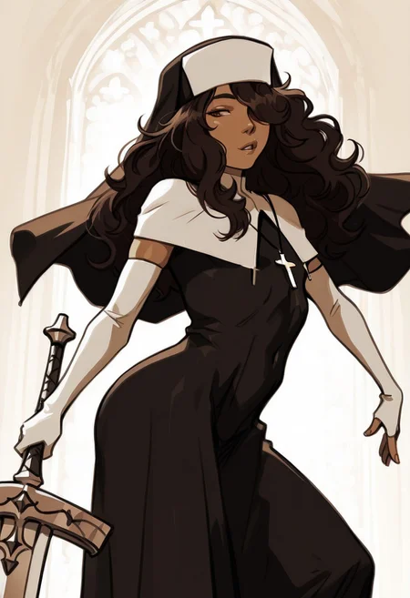 nhl-001, <lora:carlini_illustrious:0.8>, Carlini, dark skin, brown hair, long hair, hair over one eye, brown eyes, habit, nun , nun dress, elbow gloves, sexy pose, dynamic pose,, cinematic, limited palette, realistic, sketch masterpiece, best quality, amazing quality, very aesthetic,
 greatsword, huge weapon, 
multicolored background, red-white theme