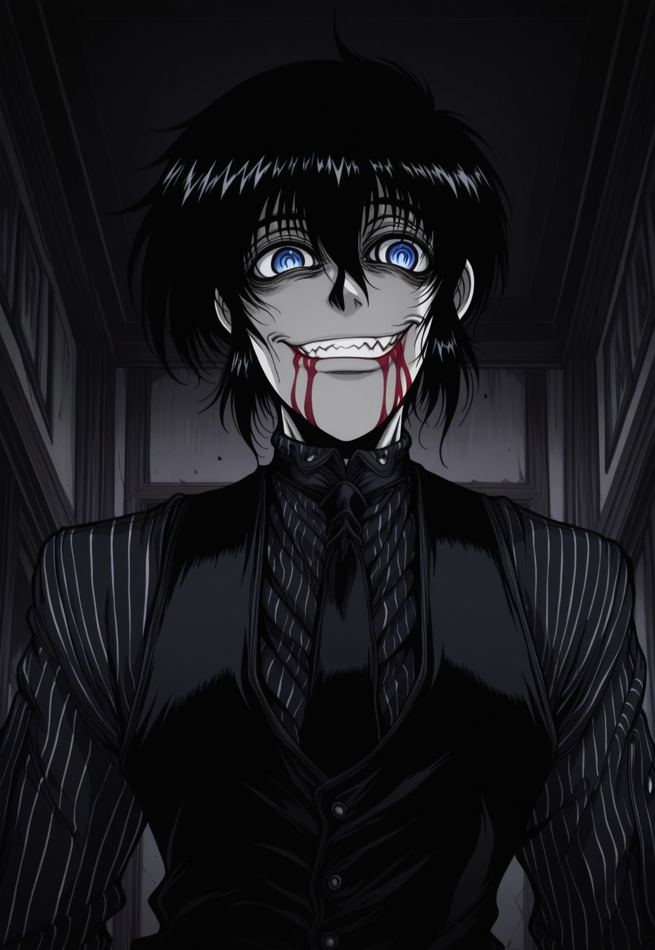 safe_pos, score_9, score_8_up, score_7_up, masterpiece, best quality, ((red blood)), YoungWalter, solo, 1boy, male focus, black hair, short hair, (((blue eyes))), slit pupils, black shirt, pinstripe shirt, black necktie, black vest, black gloves, fingerless gloves, portrait, close-up, indoors, manor, perspective, evil smile,evil grin,crazy eyes, greyscale, monochrome, blood on face, blood on mouth,