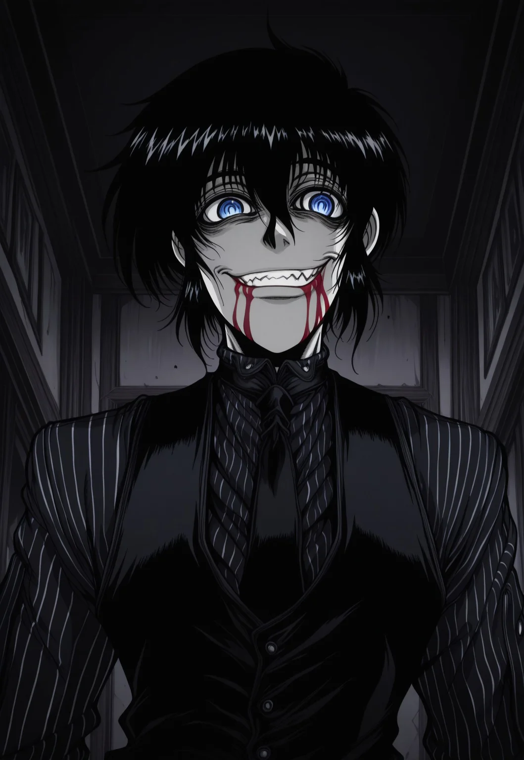 safe_pos, score_9, score_8_up, score_7_up, masterpiece, best quality, ((red blood)), YoungWalter, solo, 1boy, male focus, black hair, short hair, (((blue eyes))), slit pupils, black shirt, pinstripe shirt, black necktie, black vest, black gloves, fingerless gloves, portrait, close-up, indoors, manor, perspective, evil smile,evil grin,crazy eyes, greyscale, monochrome, blood on face, blood on mouth,