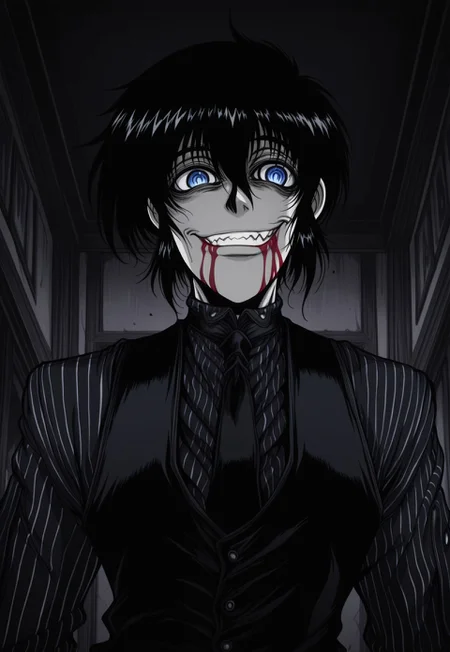 safe_pos, score_9, score_8_up, score_7_up, masterpiece, best quality, ((red blood)), YoungWalter, solo, 1boy, male focus, black hair, short hair, (((blue eyes))), slit pupils, black shirt, pinstripe shirt, black necktie, black vest, black gloves, fingerless gloves, portrait, close-up, indoors, manor, perspective, evil smile,evil grin,crazy eyes, greyscale, monochrome, blood on face, blood on mouth,
