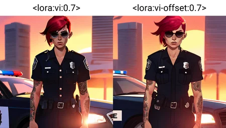 arcanevi, red hair, full body,  short hair, freckles, face tattoo, nose piercing, ear piercing, police officer, police uniform, badge, black sunglasses, police car, sunset, miami  <lora:vi:0.7>