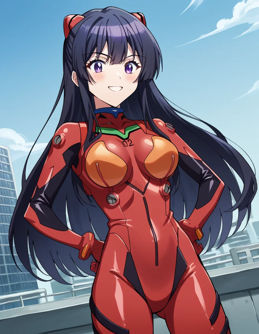 score_9, score_8_up, score_7_up, source_anime, <lora:spyroom-thea-s2-ponyxl-lora-nochekaiser:1>, thea, long hair, bangs, black hair, purple eyes, black hair, large breasts,, <lora:souryuu-asuka-langley-cosplay-ponyxl-lora-nochekaiser:1>, souryuuasukalangleycosplay, souryuu asuka langley (cosplay), bodysuit, pilot suit, plugsuit, red bodysuit, interface headset,, cityscape, smile, blush, hands on hips,, , dutch angle, cowboy shot