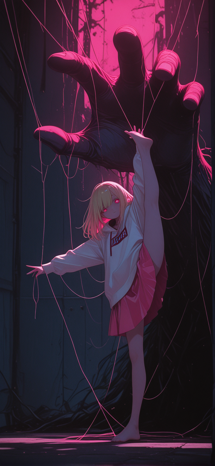 a giant hand pulling the strings of a puppet woman, 
BREAK,
1girl, solo, puppet_strings, size_difference, BREAK,
1girl, white_hoodie, pink_skirt, long_hair, facing_viewer, blonde_hair,  outstretched_arm, oustretched_leg, standing_on_one_leg, outstretched_leg, head_tilt,  standing_split,
ethereal, sidelighting, complmentary_colors, shadows, masterpiece, best quality, good quality