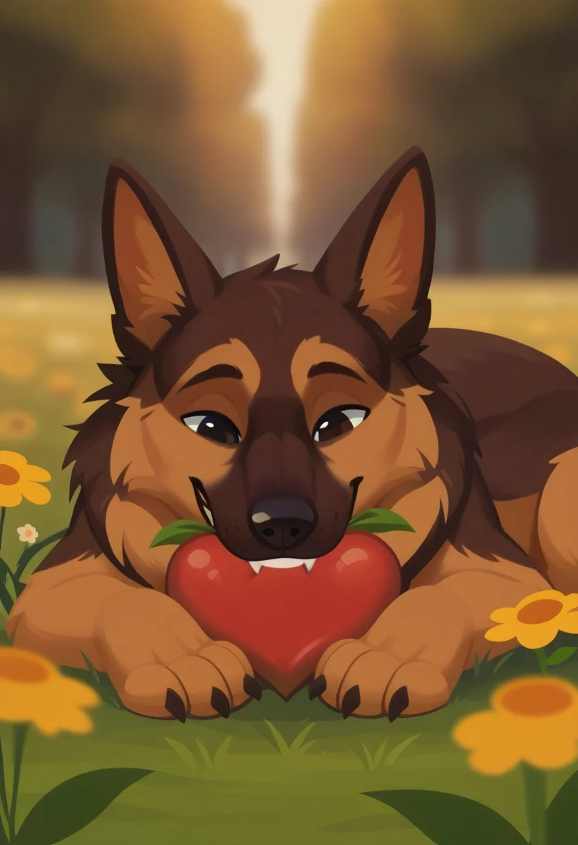 score_9, score_8_up, score_7_up, bokeh, flat colors, lineless, vector art, vector graphics, z0nkp4nch, cute, feral, male, canine, german shepherd, happy, fluffy, pounce position, butt up, laying on stomach, head lowered, flower field, holding heart in mouth, teeth,
