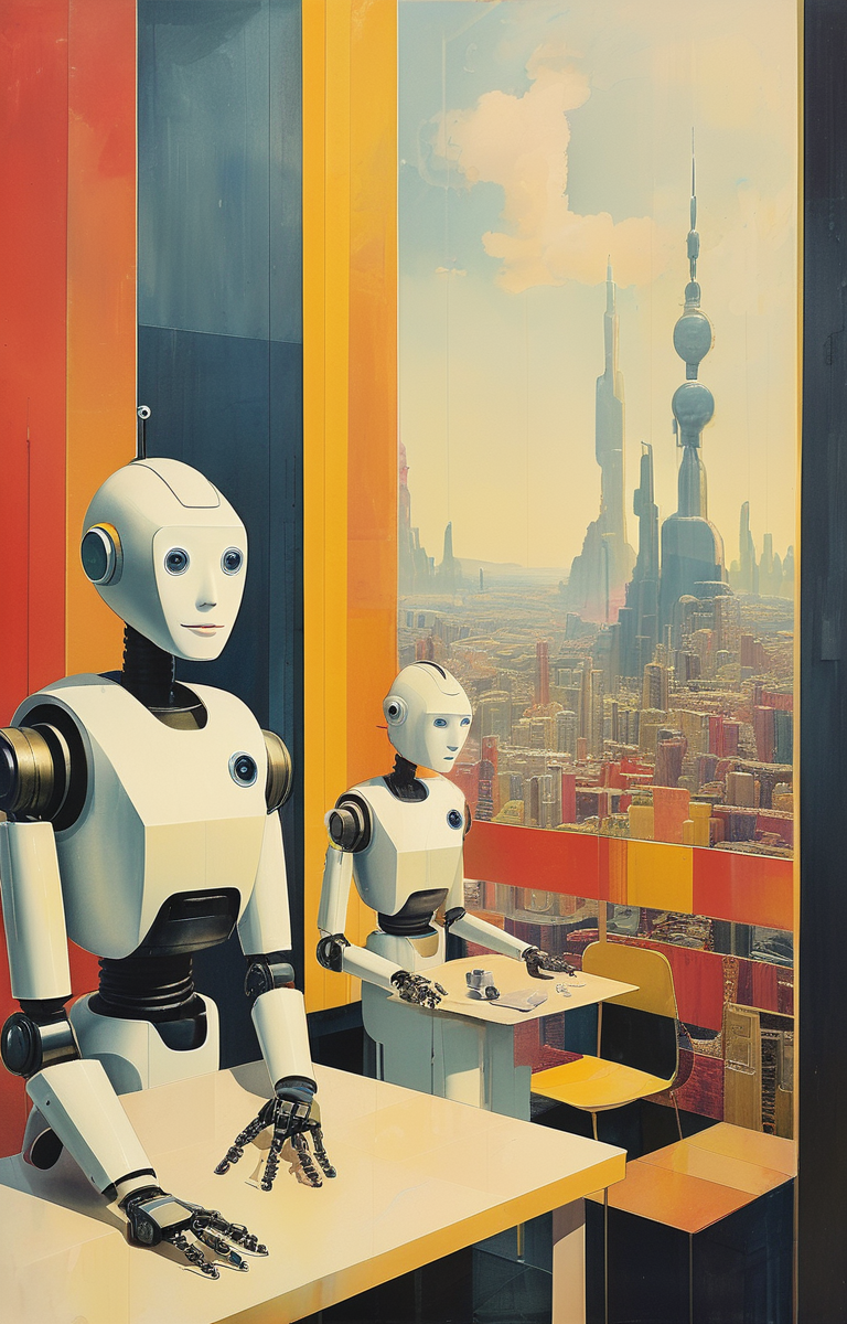 masterpiece,best quality,<lora:tbh222-sdxl:0.9>,illustration,style of Ronnie Landfield portrait of Housework robots