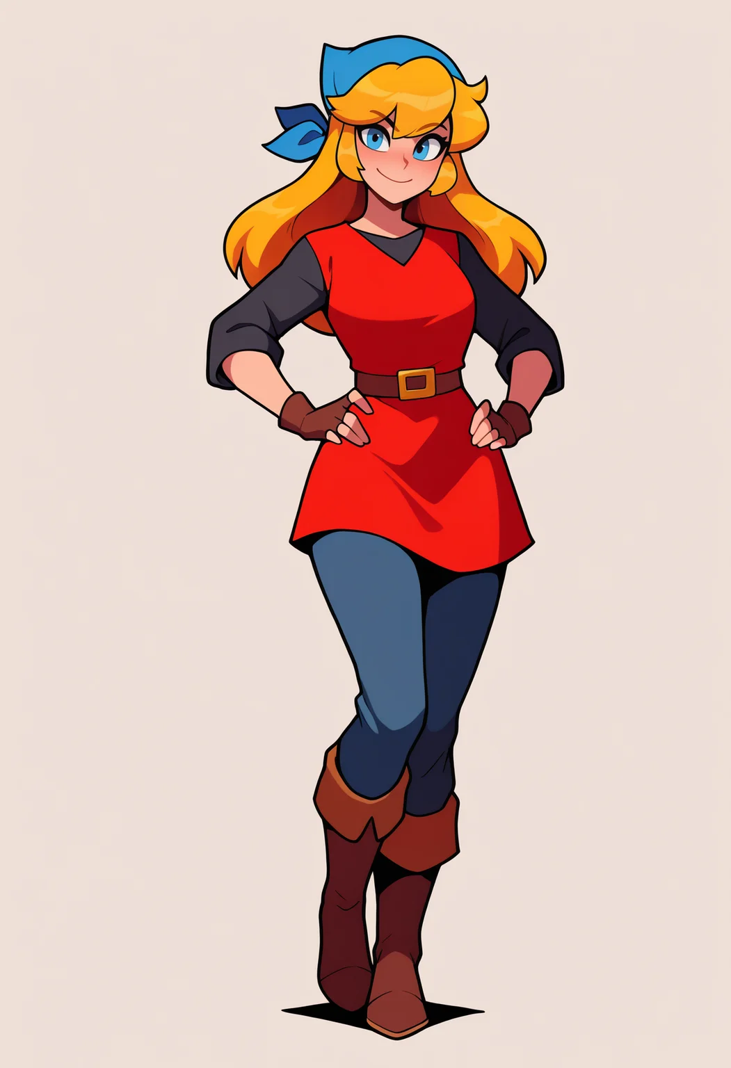 masterpiece, best quality, very aesthetic, absurdres,
1girl, cadence, blue eyes, blonde hair, long hair,
blue bandana, red tunic, fingerless gloves, brown boots, belt, blue pants,
standing, hands on hips,
smile, looking at viewer, solo, simple background, white background <lora:CadenceIllustriousXL_byKonan:1>