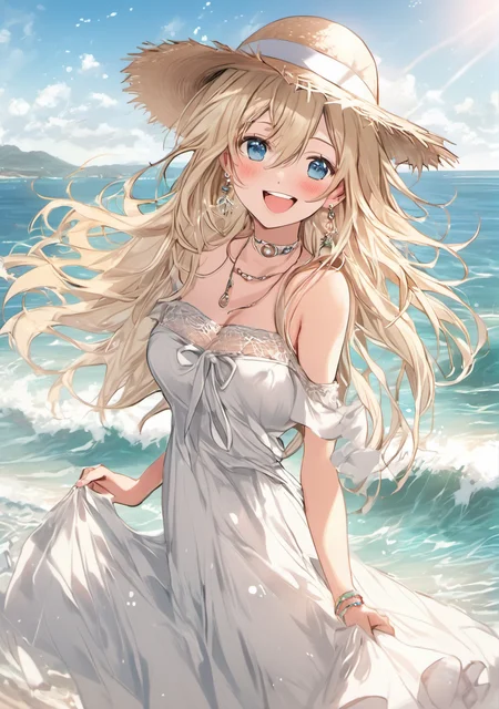 1girl, :d, aqua eyes, bangs, bare shoulders, beach, blush, bracelet, breasts, blonde hair, choker, cleavage, collarbone, dress, earrings, eyebrows visible through hair, hat, jewelry, long hair, looking at viewer, large breasts, , ocean, off-shoulder dress, off shoulder, open mouth, outdoors, ribbon, smile, solo, sun hat, water, white dress, white headwear