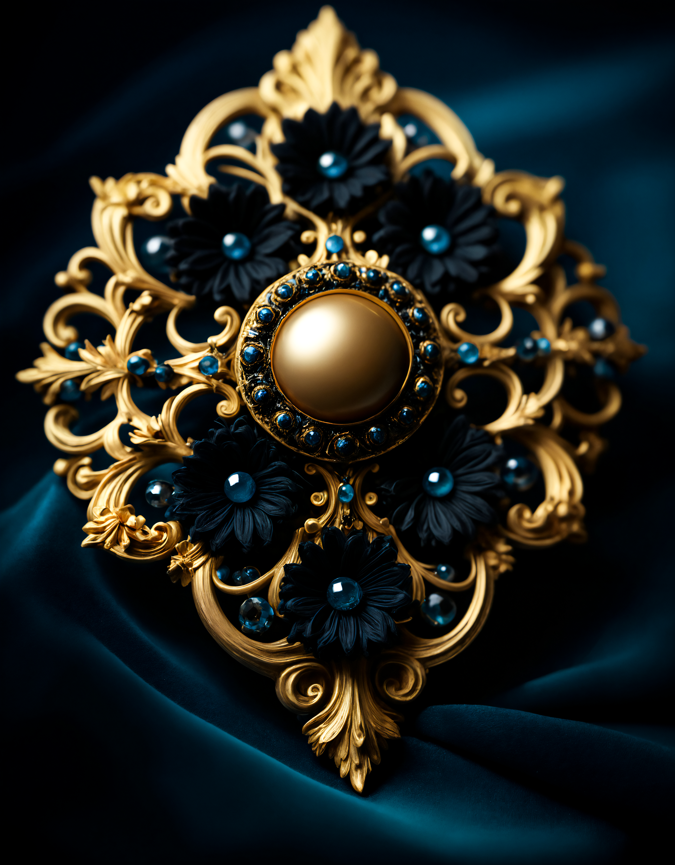 glamour product photo of an exquisite brooch on soft velvet, ebonygold, ultra realistic, intricated detail, trending on artstation,