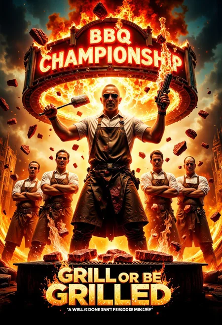 Movie poster: "Grill or Be Grilled: A High-Stakes BBQ Heist!"
A group of rogue chefs, clad in sunglasses and aprons, stand dramatically in front of a massive flaming grill, flipping steaks and wielding oversized tongs like weapons. In the foreground, a tough-looking grill master with a five o’clock shadow and a ketchup-stained shirt clenches a spatula like a smoking gun. A rival chef, arms crossed, smirks under a neon "BBQ Championship" sign. Explosions of sauce splatter behind them, with sizzling meats flying through the air.
The tagline: "Well done isn’t good enough." The title "Grill or Be Grilled" is in bold, fiery letters, with smoke curling around it like a steakhouse marquee. A high-energy action-comedy vibe with a deliciously absurd twist.
Fantastic lighting. Detailed shadows, intricate details, ((vivid colors,)) hyper-detailed, ultra-sharp in the style of Jed-clrfl R3alisticF midjourneyv6.1