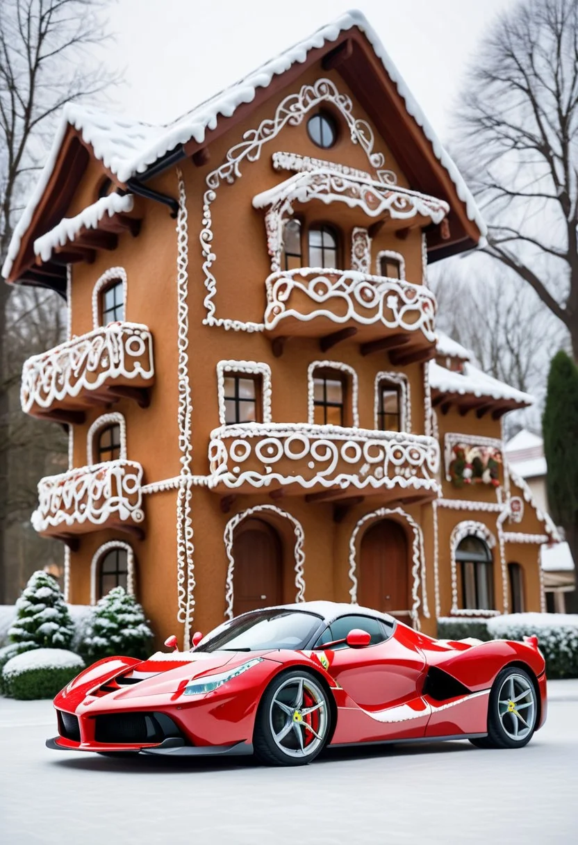 Ferrari laferrari,winter ,in front of house.Christmas<lora:GingerbreadStyle_epoch_10:0.7>