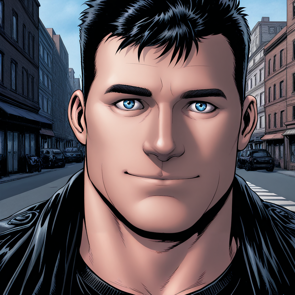 b0tch3r, black hair, blue eyes, 1boy, solo, male focus, bara, close up, standing, outdoors, street, city, buildings, day, sky, black jacket, black t-shirt, (looking at viewer), light smile, masterpiece,best quality,amazing quality,  <lora:Butcher:1>