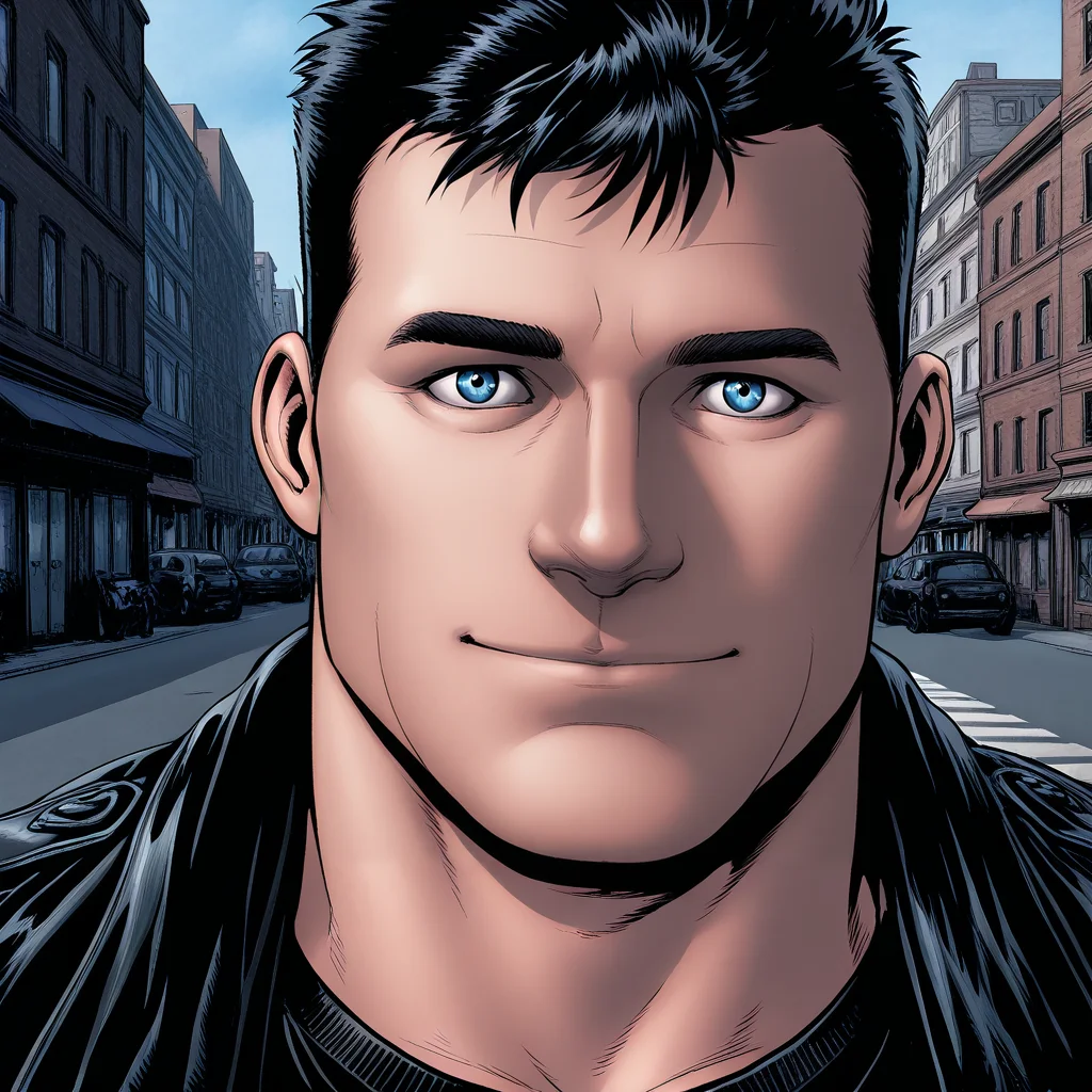b0tch3r, black hair, blue eyes, 1boy, solo, male focus, bara, close up, standing, outdoors, street, city, buildings, day, sky, black jacket, black t-shirt, (looking at viewer), light smile, masterpiece,best quality,amazing quality,  <lora:Butcher:1>
