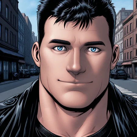b0tch3r, black hair, blue eyes, 1boy, solo, male focus, bara, close up, standing, outdoors, street, city, buildings, day, sky, black jacket, black t-shirt, (looking at viewer), light smile, masterpiece,best quality,amazing quality,  <lora:Butcher:1>