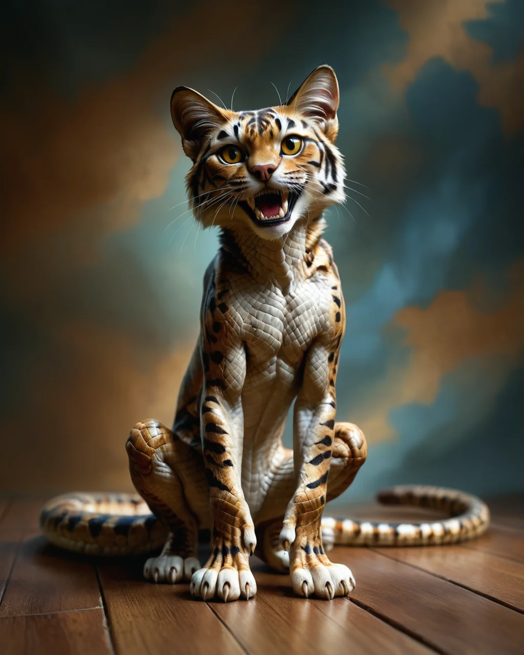 score_9, score_8_up, score_7_up, intricate details, rating_safe,
<lora:SnakeSkinStyle:0.7>,
1boy(solo,
sabretooth cat with Jed-snkskn, snakeskin,
full body, looking at the viewer, solo, happy), detailed background, depth of field, subsurface scattering,
<lora:ral-chrosc-clr:0.5>, ral-chrosc-clr,
<lora:xl_more_art-full_v1:0.3>,
<lora:add-detail-xl:0.3>