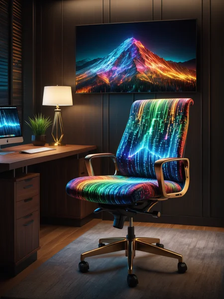 glowing colorful mad-mtrx office chair and wooden desk in a dark expensive office, photograph of a mountain on the wall, night, dynamic pose <lora:Colorful_Matrix_SDXL:0.7>, (masterpiece:1.2), best quality, (hyperdetailed, highest detailed:1.2), high resolution textures