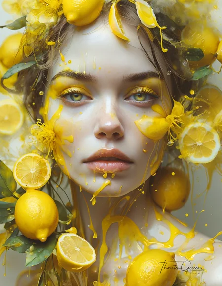 glamorous photo Art by florist Mandy Disher, digital illustration, portrait of a beautiful lady, perfect anatomy, centered, yellow lemon theme, multiple shades of yellow, burst of lemon zest and juice, close to perfection, dynamic, very detailed, watercolor, ArtStation, concept art, blur, sharp focus, illustration, Carne Griffiths, Wadim Kashin. . high fashion, luxurious, extravagant, stylish, sensual, opulent, elegance, stunning beauty, professional, high contrast, detailed  <lora:MJ52.safetensors:0.60>  <lora:\Model\Anna_024.safetensors:0.50>