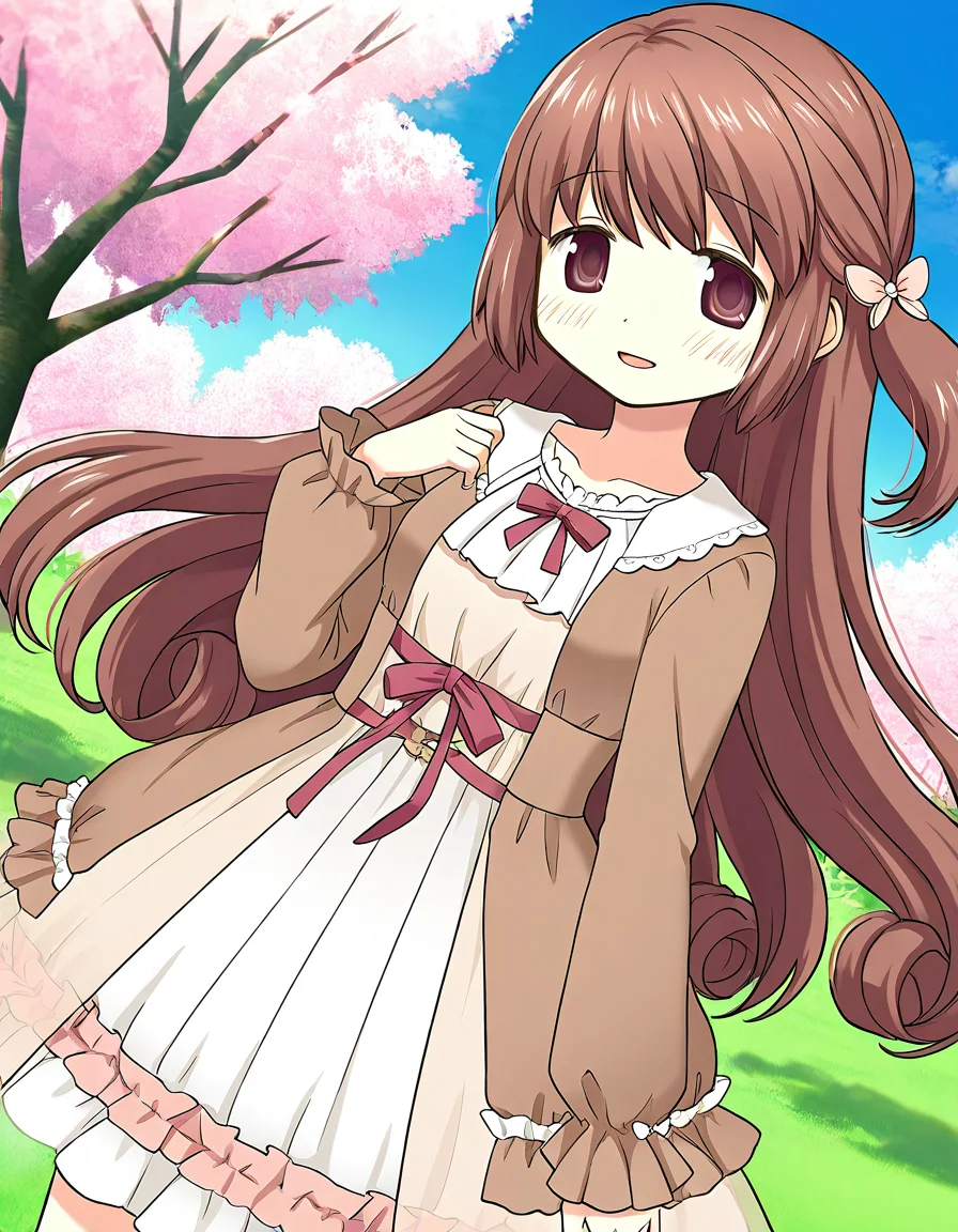 masterpiece, best quality, newest, absurdres, highres, safe, 1girl, satomi touka \(hospital costume\), magia record: mahou shoujo madoka magica gaiden, solo, grass field, cherry tree, dutch angle, <lora:satomi_touka_noobaiXLNAIXL_vPred10Version:0.7>