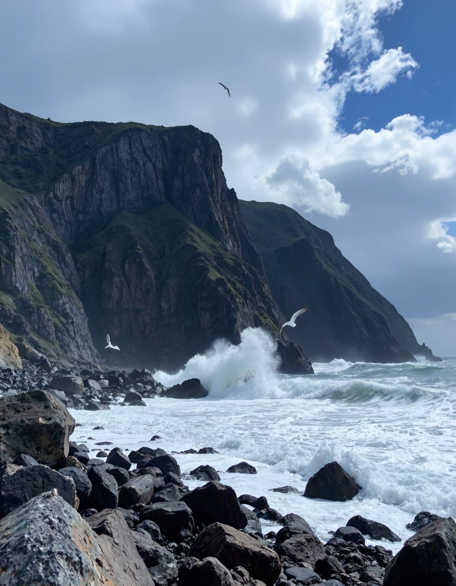 A rugged coastline with towering cliffs, crashing waves, and seagulls flying above, under dramatic storm clouds.