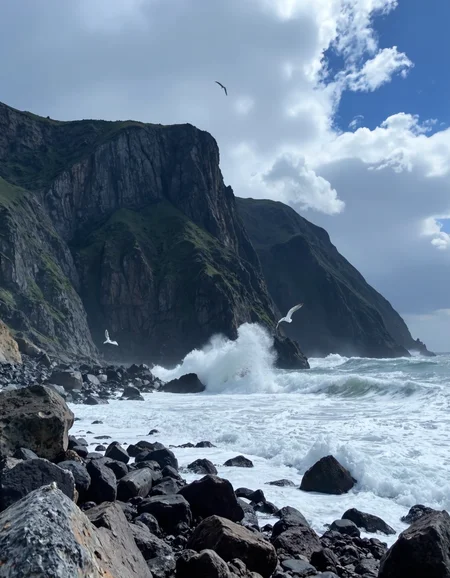 A rugged coastline with towering cliffs, crashing waves, and seagulls flying above, under dramatic storm clouds.