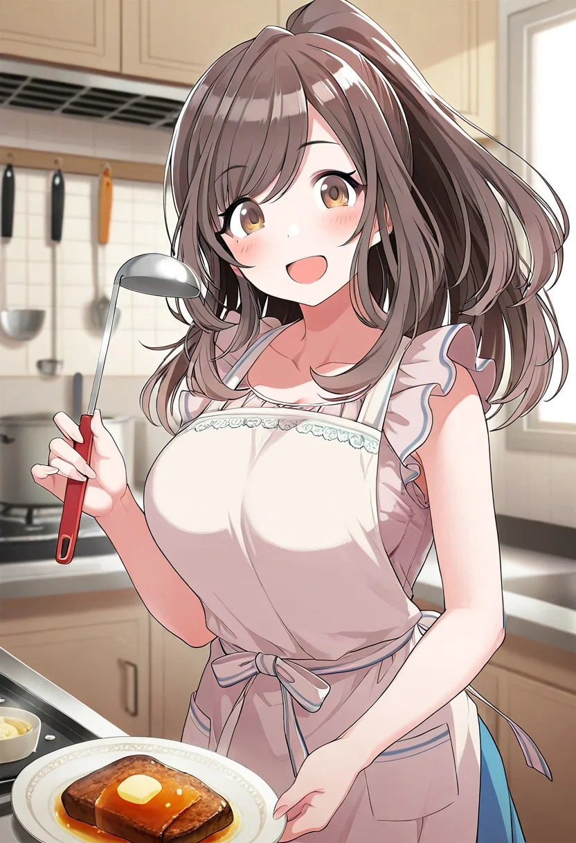 masterpiece,best quality,amazing quality, tsukioka kogane, long hair, brown hair, brown eyes, 1girl, food, kitchen, solo, open mouth, apron, smile, ponytail, plate, ladle, looking at viewer, blush, holding
