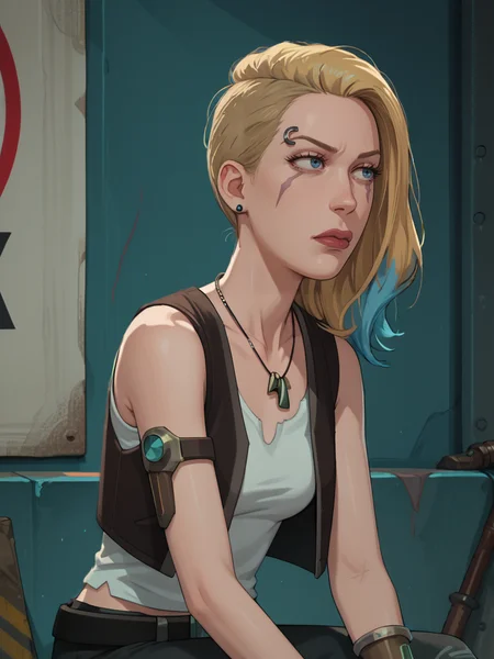 Score_9, Score_8_up, Score_7_up, Score_6_up, Source_cartoon,
From the side, sitting, 
1girls, sp4ceb3th, vambrace, blonde hair, blue hair, asymmetrical hair, multicolored hair, blue eyes, tanktop, vest, jewelry, necklace,
<lora:Space_Beth:0.95>
