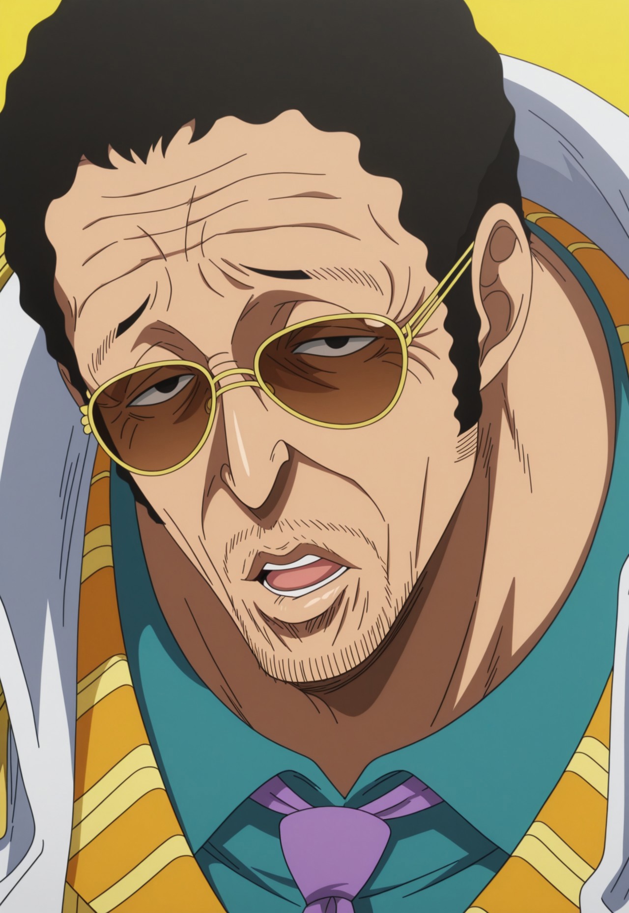 anime, one piece, hirohiko araki style, one piece style, anime screencap, masterpiece, best quality, detailed background, 8k, 1boy, man, solo, kizaru, black hair, very short hair, wavy hair, smooth hair, black eyes, slanted eyes, facial hair, stubble, goatee, sunglasses, wrinkles, lip outlines, detailed face, teal shirt, light purple tie, yellow pinstripe suit, white off-shoulder coat, epaulettes, lazy, parted lips. open mouth, tall, half body, face focus, close up, face focus, turning to viewer, looking at viewer, dynamic pose, simple background, yellow background