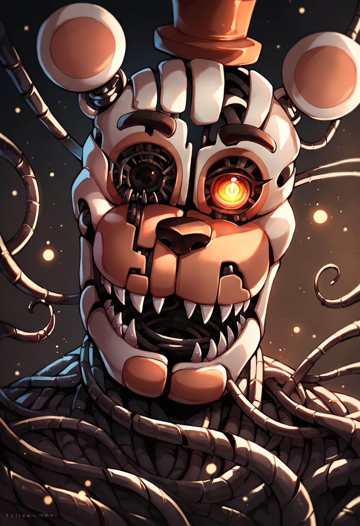 score_9, score_8_up, score_7_up, lots of details, highly detailed, (moltenfreddy), close-up, portrait, wires, neck, tentacles, animatronic, orange eye, glowing eye, looking at viewer, one eyed, bright background, light particles, detailed, detailed eyes, hires, best quality <lora:MoltenFreddy_v2:0.92>