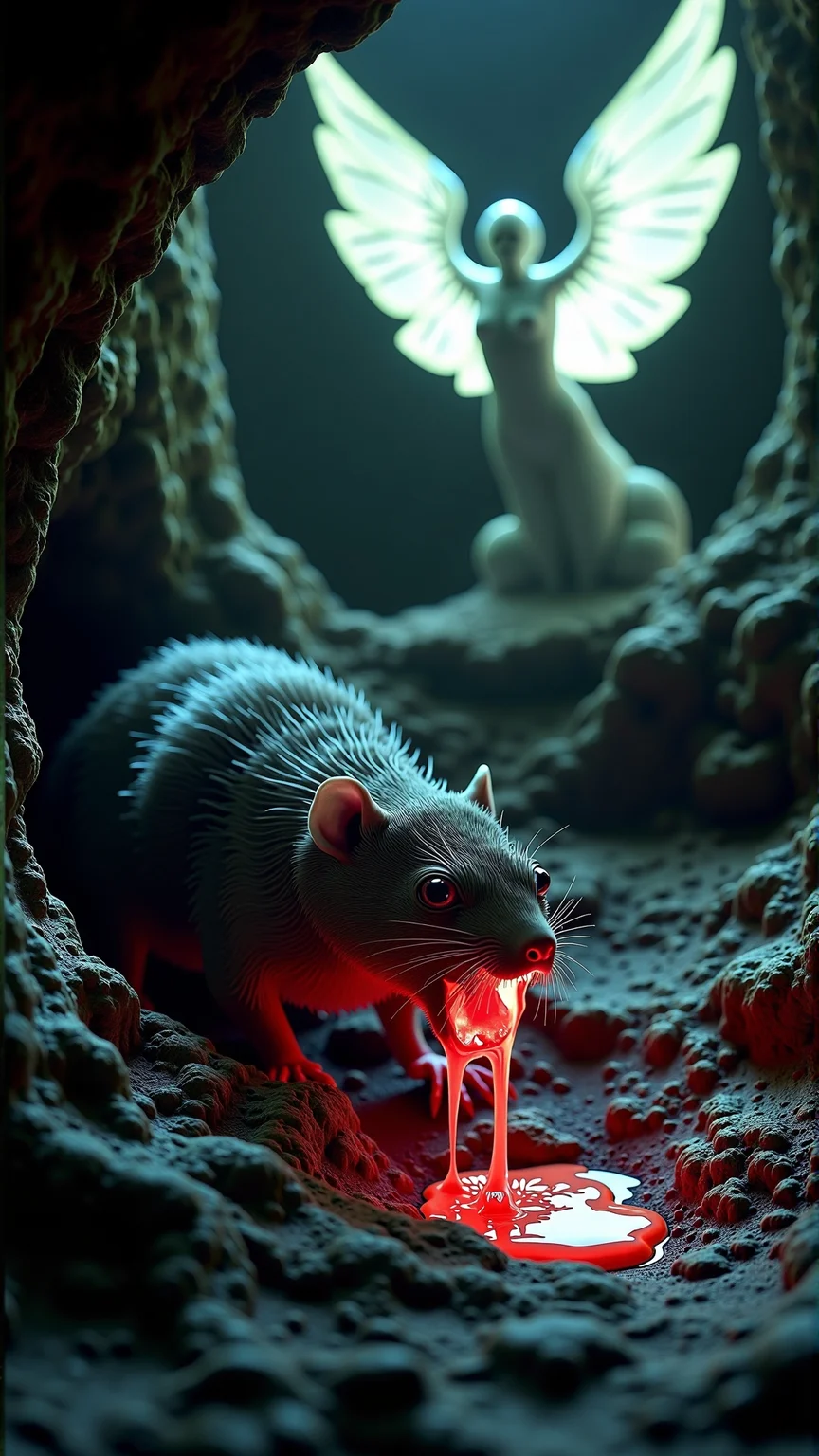 A realistic photo, dark style, horror photo, atmospheric, of a CarnageStyle red bloody gore tongue Starnosed moles foraging in the dark, dimly lit underground burrow, with ethereal wings growing from a stone statue in the background, glowing softly, creating a mystical atmosphere, muted colors, dark background, detailed textures, cinematic lighting, moody, atmospheric, detailed fur, stone texture, chiseled features, high contrast, darkness gore, NSFW<lora:CarnageStyleFlux:0.5>photography,eye-level shot,shallow depth of field,soft lighting,outdoor lighting,((landscape view)),4k unity,(best illumination),(hero view:1.3),shot on Olympus OM-D E-M1 Mark III with M.Zuiko 12-40mm f-2.8