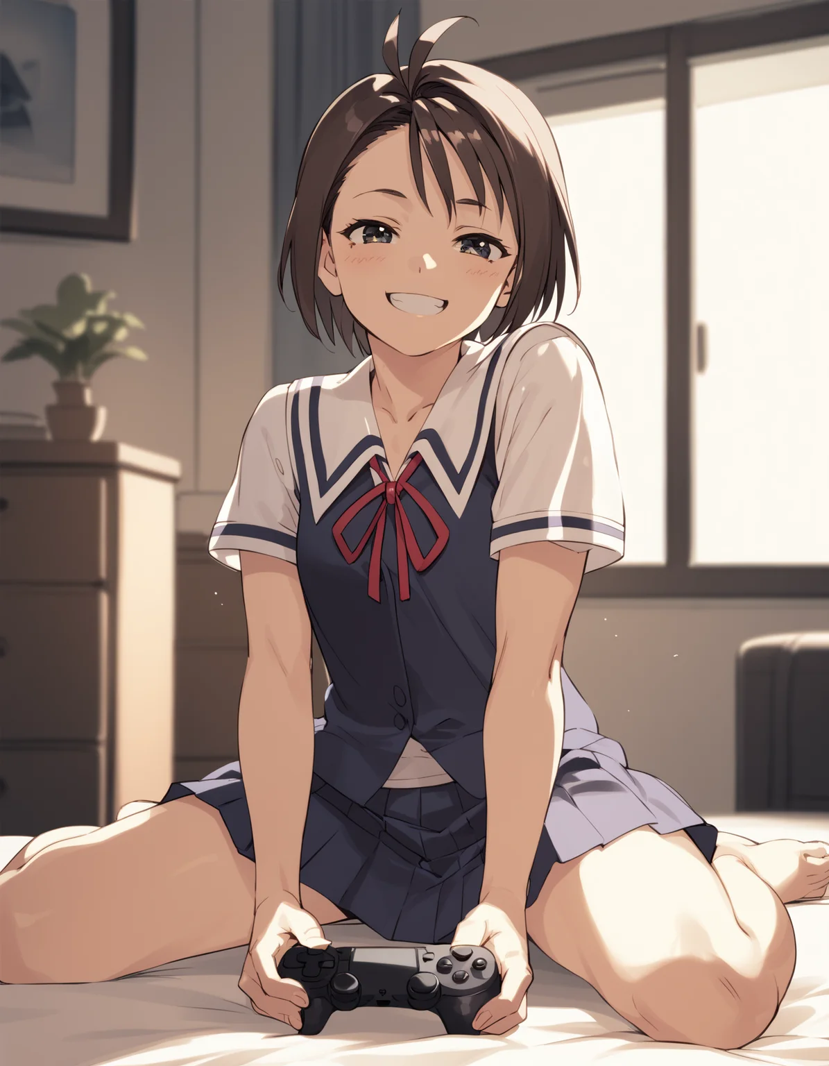 score_9, score_8_up, score_7_up <lora:kazama-akira-ponyxl-000013:1> rskzm, serafuku, blue vest,
1girl, solo, playstation, happy, indoors, bedroom