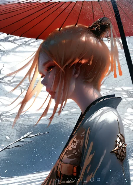 <lora:wlop_illustration:1> wlop_illustration, snow particles, 1girl, blizzard, outdoors, japanese paper umbrella, tree branches, dynamic angle, from side, close-up, snow falling, masterpiece, best quality, good quality, very aesthetic, absurdres, newest, (Perfect details), <lora:USNR STYLE_XL_loha:0.3> <lora:spo_sdxl_10ep_4k-data_lora_webui:0.3> <lora:ponyv5_noobV065S_1_adamW:0.3> <lora:GBF_Illustrious:0.3> <lora:748cmSDXL:0.4>, 1girl, orange eyes, Ash blonde hair
