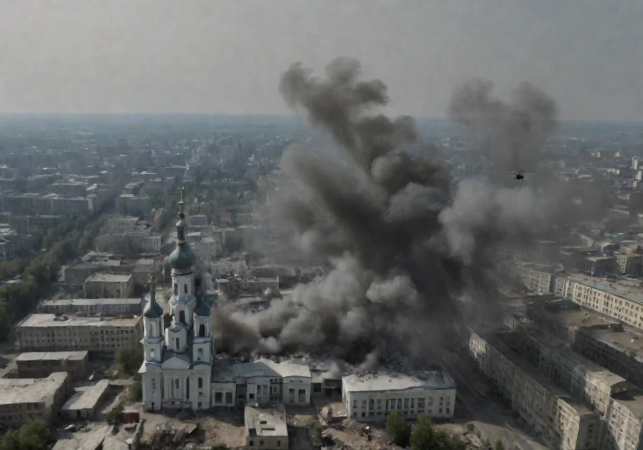 <lora:Smoke_XL:1>, middle shot, modern Ukrainian bombed out city with churches, helicopters overhead,  in the form of smoke_xl