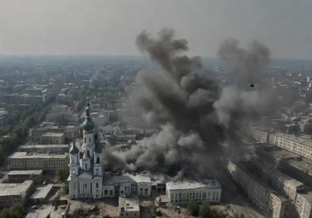 <lora:Smoke_XL:1>, middle shot, modern Ukrainian bombed out city with churches, helicopters overhead, in the form of smoke_xl