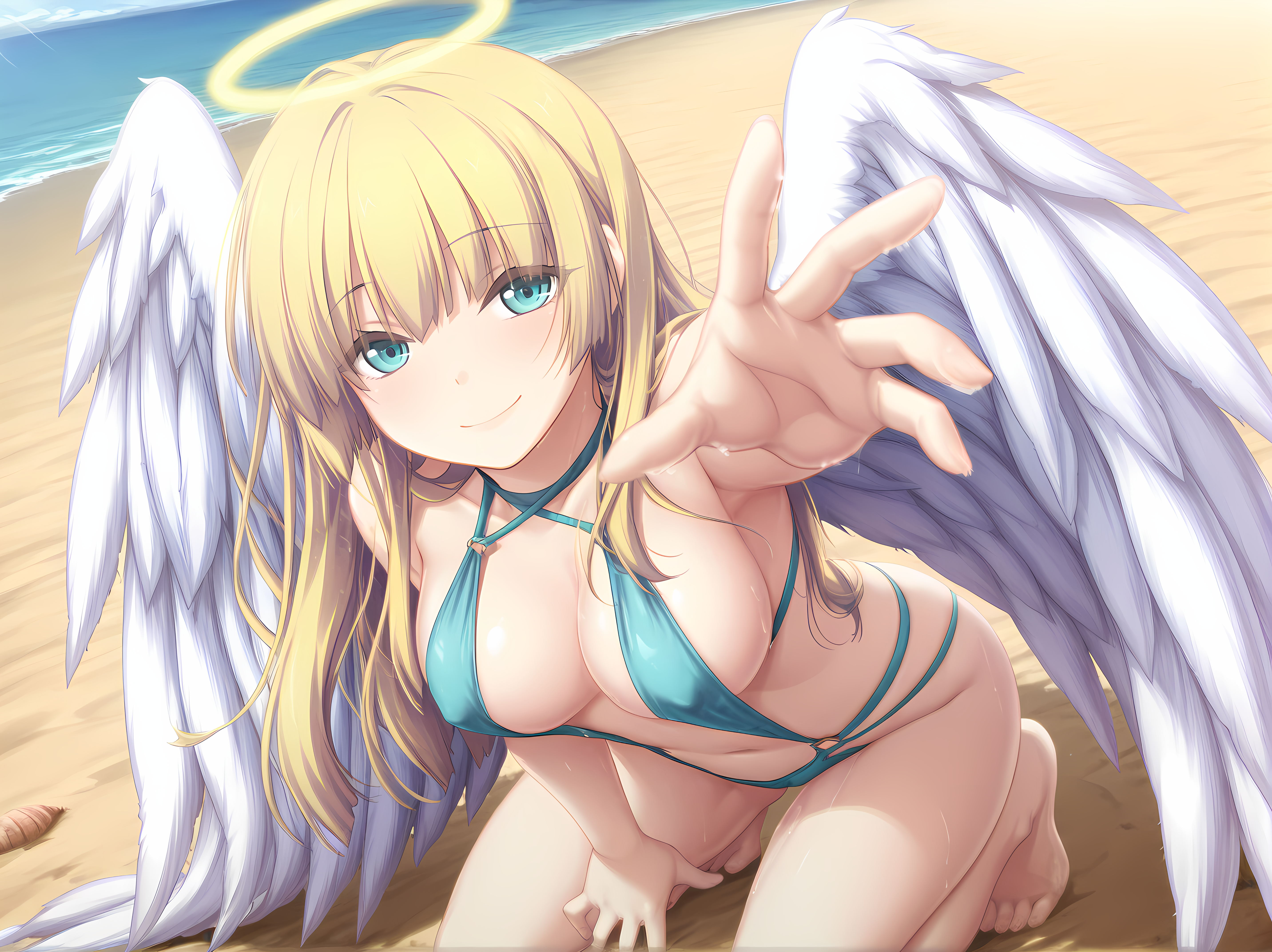 agnes,slingshot swimsuit,blonde hair,aqua eyes,sand,kneeling,angel,wings,feathered wings,<lora:Agnes_-_Sankai_Ou_no_Yubiwa_Illustrious:1.1>,outdoors, beach, reaching towards viewer,cowboy shot,looking at viewer,smile,, masterpiece,best quality,amazing quality,