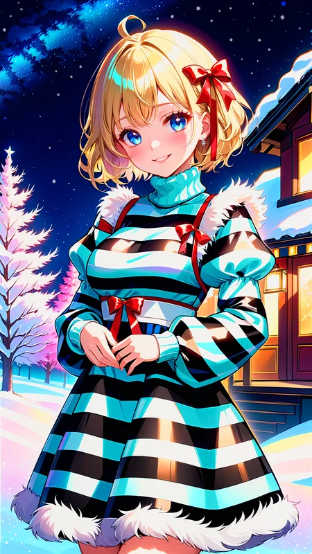 Extremely cute goth girl, red christmas theme, tiny golden accents, beautifully and intricately detailed, ethereal glow, whimsical, art by Mschiffer, best quality, glass art, magical holographic glow, (realistic:1.3), finely detailed, quality, Rembrandt lighting, (masterpiece:1.2), (photorealistic:1.2), (best quality), (detailed skin:1.3), (intricate details), dramatic, ray tracing, 1girl, japanese girl, 21 years old, detailed skin texture, (blush:0.5), (vaporwave:0.5), subsurface scattering, smiling, medium breasts, short hair curls, bangs, hair between eyes, (striped dress:1.2), long dress, jewelry, ribbon, turtleneck, sweater, puffy sleeves, long sleeves, fur trim, fur dress, cowboy shot, (night, night sky, winter scene, snow covered cityscape, hokkaido, christmas decorations)