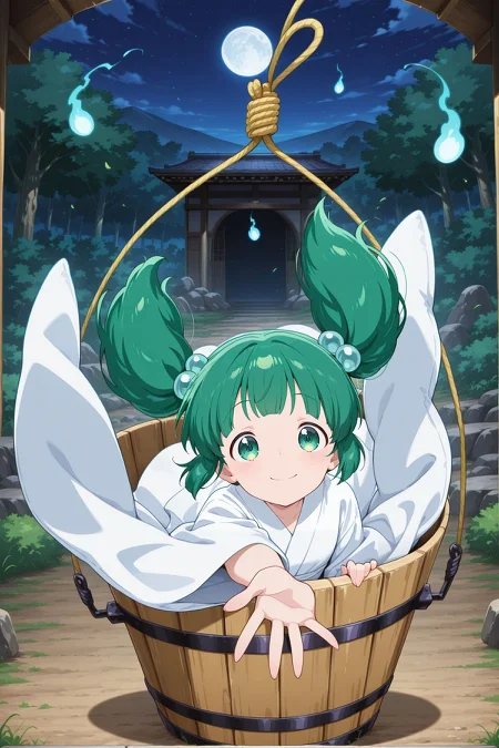 absurdres, highres, masterpiece, best quality, amazing quality, official anime artwork, screencap, anime screencap, well, looking at viewer, smile, falling, midair, in a well, 
<lora:Kisume_Illustrious:1> kisume, 1girl, solo, green eyes, green hair, short hair, short twintails,, hair bobbles, white kimono, long sleeves, wooden bucket, in bucket, rope, hitodama,