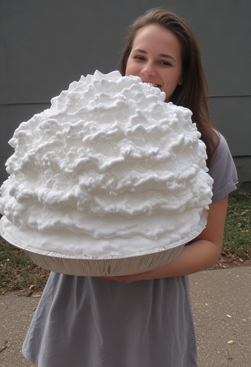 Girl holding ((huge massive fluffy pouffy Giant shavingpie)), outside, smiling