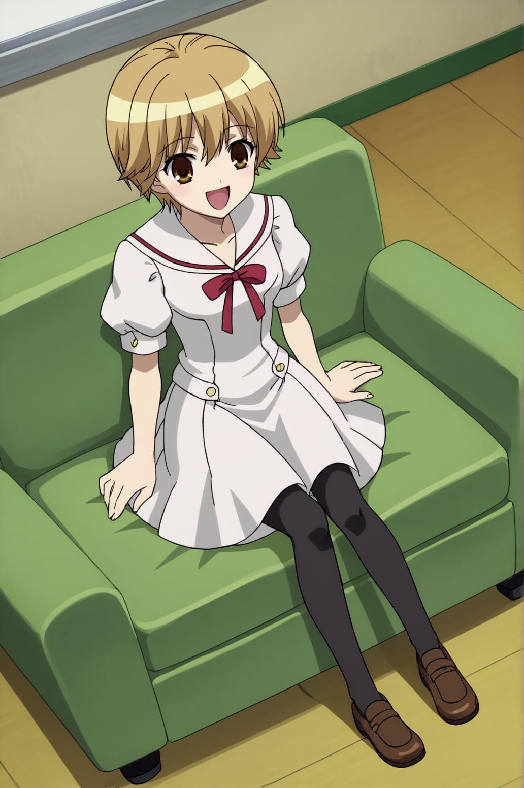 score_9, score_8_up, score_7_up,anime_source, source_anime, best background, detailed background, anime screencap,  Tsumuhana, Ookami school outfit, :d, happy, indoors, sitting, sofa, full body, dynamic angle,  <lora:JN_ookami_kakushi:0.8>