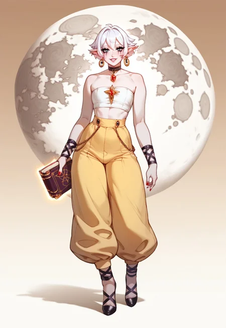 safe_pos, score_9, score_8_up, score_7_up, score_6_up, masterpiece, best quality, absurdres, g0thicPXL, priestess, solo, cute goth girl, pale skin, pointy ears, big grey eyes, very long white eyelashes, white eyelashes, beautiful face, cute smile, detailed face, feminine, delicate and cute, heavy makeup, long legs, huge thick thighs, thin figure, thin waist, flat breast, red nail polish, very short hair, white hair, flashy jewelry, moon pendant, choker, flashy earrings, cheerful look, holding magic book, white and yellow clothes, moon symbols, stylish clothes with moon patterns, yellow pants, gladiator high heels, looking at viewer.