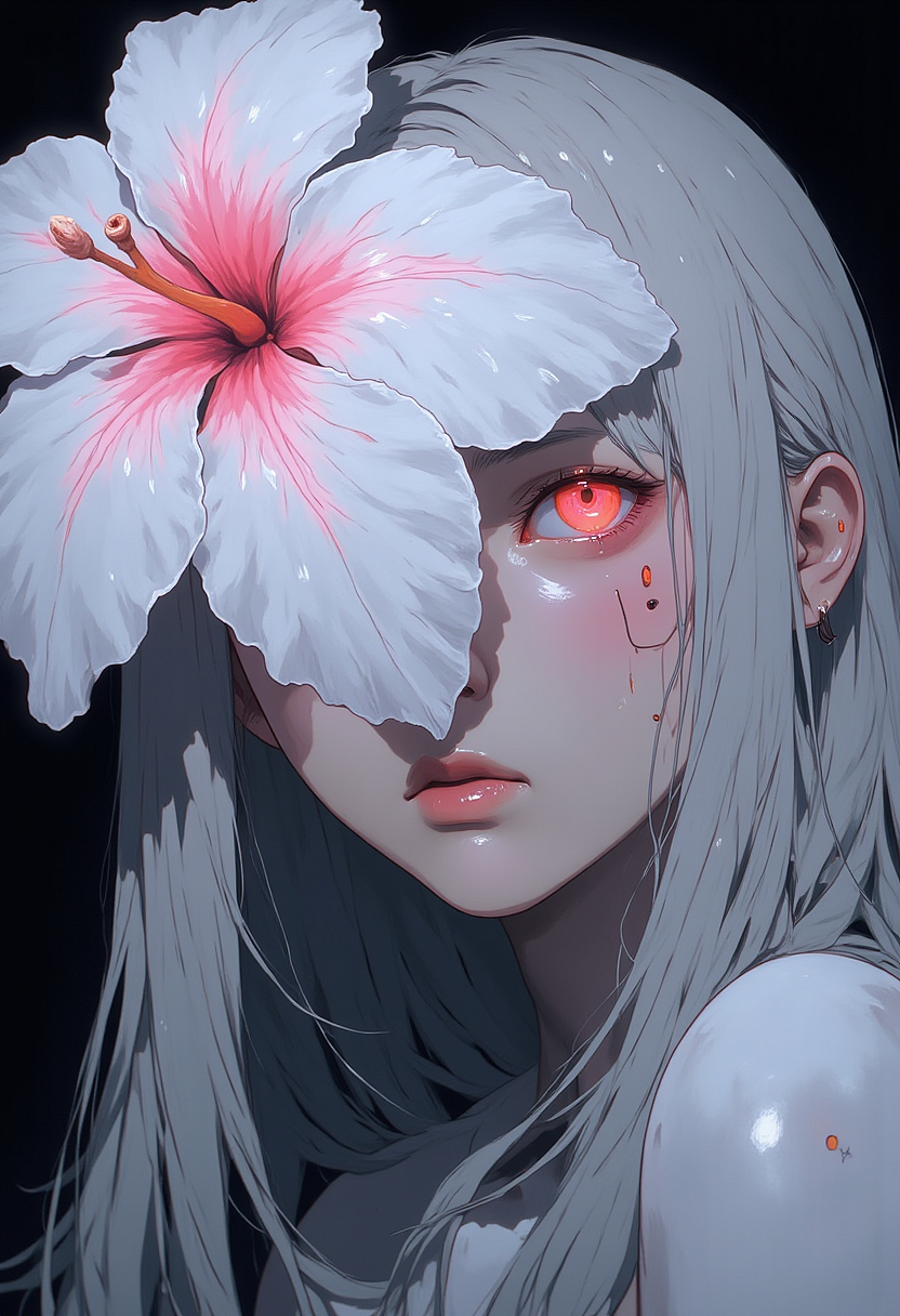 Close-up portrait of a female character with long, silver hair. Her face is partially obscured by a large, white flower with light pink shading, positioned over her right eye. The character has pale skin with soft shadows cast across her face. Her left eye is visible, glowing with a bright, vivid red color. A minimalistic dark background with subtle gradients of deep black and grey. No additional objects or elements in the background to keep the focus on the main character. Soft, ambient lighting highlights the edges of the character's form, creating a mysterious and cinematic atmosphere.   <lora:CPA:0.93> <lora:anime_martzv2:0.53> anime_martz,  <lora:FLUX-daubrez-DB4RZ:0.33> DB4RZ, DB4RZ style painting,