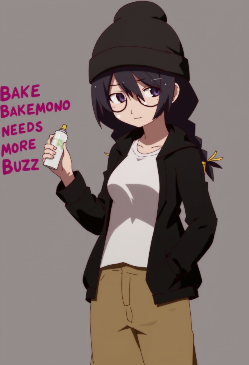 <lora:Hanekawa_Tsubasa_FLUX:1> Tsubasa Hanekawa, a girl with round glasses, purple eyes, twin braids, and black hair, 2d, anime, she's wearing a black beanie with a black hoodie and white t-shirt, and baggy khaki cargo pants. She's holding a bottle of spraypaint, with graffiti behind her that reads "Bakemono needs more BUZZ"