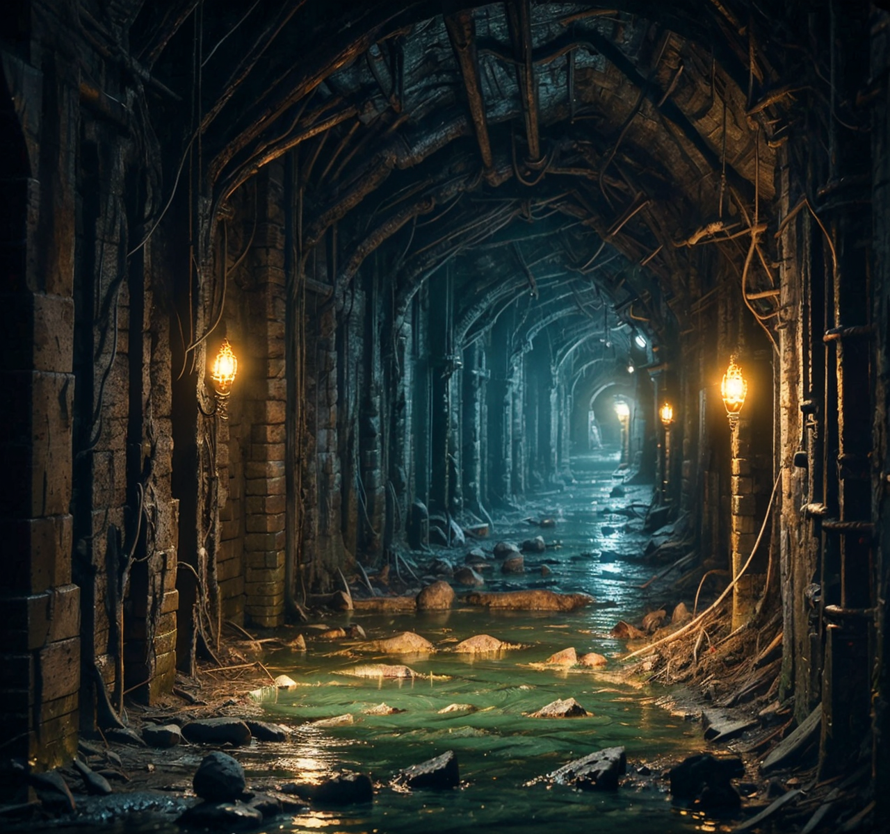 RAW photo, (masterpiece:1.3), subsurface scattering, heavy shadow, (high quality:1.4), (intricate, high detail:1.2), professional photography, HDR, High Dynamic Range, realistic, ultra realistic, photorealistic, high resolution, film photography, ambient lighting, atmospheric effects, <lora:detail_slider_v4:2.5>, OverallDetail,  dark, medieval, fantasy, sewers, water, torches on the walls, (greenish lights), <lora:Sewers:1>, epiCPhoto,
