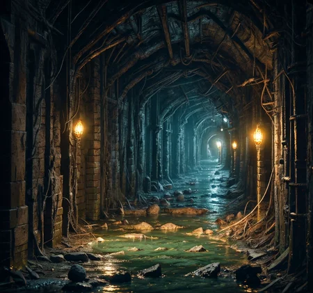 RAW photo, (masterpiece:1.3), subsurface scattering, heavy shadow, (high quality:1.4), (intricate, high detail:1.2), professional photography, HDR, High Dynamic Range, realistic, ultra realistic, photorealistic, high resolution, film photography, ambient lighting, atmospheric effects, <lora:detail_slider_v4:2.5>, OverallDetail,  dark, medieval, fantasy, sewers, water, torches on the walls, (greenish lights), <lora:Sewers:1>, epiCPhoto,