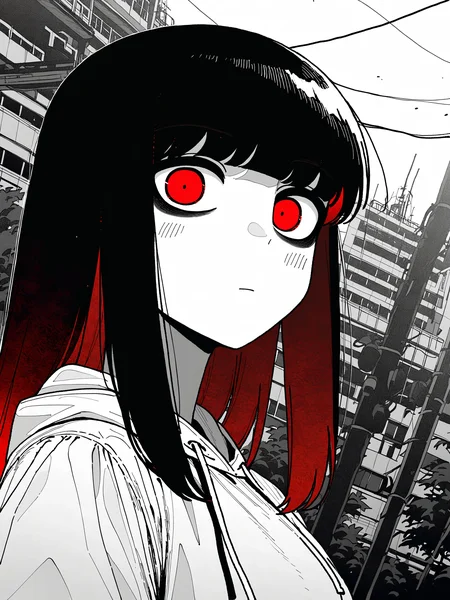 best quality, masterpiece, newest, perfect composition, very awa, jaggy lines, limited palette, spot color, limited palette, traditional media, dutch angle, foreshortening, face focus, black hair, white hoodie, nakta,
1girl, upper body, solo, multicolored hair, straight hair, red eyes, <lora:vivid:0.6>
outdoors,