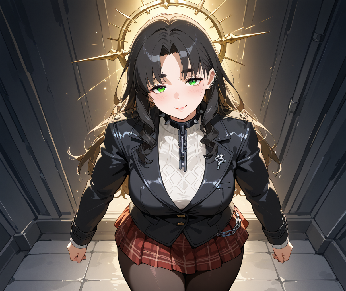 PonyScores7, source_anime, ah1, IllustriousQual, <lora:natsumi_style:0.5>, <lora:by_usakun-pony:0.4> by usakun, <lora:Akina_Bbw_Style_-_PonyXL:0.2> AkinBw
BREAK 1girl, mature female, (round face:1.2), (thick eyebrows:1.3), (curvy), round-chin, caucasian, (plump face), <lora:Round_face:0.2>, <lora:ETO_OCPonyXL:0.5> eto_oc, skindentation, (plump), thick thighs, wide hips, busty, voluptuous, lips, <lora:venus body PonyXL:0.4>, <lora:shinyskin2:0.2> glistening skin
BREAK  (curly hair), long hair, (black hair:1.4), (parted hair:1.7), messy hair, kinky curls, <lora:hairdetailpxl:0.2> hairdetailpxl
BREAK (brown and green eyes), (brown_flecked_irises), (green_flecked_irises), (colorful eyes), (multicolored eyes), (downturned eyes:1.4), <lora:expressive eyes:0.5> expressive eyes, <lora:eyedetailpxl:0.2> eyedetailpxl, <lora:Eyes_High_Definition:0.3> EyesHD
BREAK fingersmile,  <lora:Expressive_H:0.2> Expressiveh, <lora:Emotional_Anime_Expressions_PonyXL_Concept:0.2> emotional, <lora:Best_Facial_Expression_LoRA_PONY:0.2>, <lora:expresionesv3Rank128:0.2> expresiones, <lora:Detailed expressive EXEV style -XL Pony V1.0:0.2> FaceDetail 
BREAK ((A shimmering, golden aura enveloped the man, radiating warmth, as she healed a fractured arm in seconds, the bone knitting itself back together with a soft, white light))
BREAK snow Punk Rock, Black leather jacket with red and silver studs, torn white band tee, ripped red tartan mini skirt, black fishnet tights, black combat boots with chain details, spiked choker, bold black eyeliner, electric blue mohawk, and piercings
BREAK (((An extraterrestrial library contains forbidden knowledge, tempting seekers with unimaginable power)))
BREAK <lora:xl_more_art-full_v1:0.2>, <lora:aesthetic_anime_v1s:0.2>, <lora:EpicF4nta5yXL:0.2>, <lora:detailxl:0.2> detailxl, <lora:Fant5yP0ny:0.2>, best quality, amazing quality, best aesthetic, absurdres, illustration, Volumetric_Lighting, ultra-detailed, very aesthetic, intricate details, 8k, masterpiece, best_quality
BREAK (zoom_out:1.8), (Tilt Shot)
BREAK Stable_Yogis_PDXL_Positives, AS-Adult, <lora:Complicated fantasy portrait - XL Pony V2.0:0.3>, bad-hands-5, <lora:HDA_Detailer:0.5>, HDA_FatGirlXL,