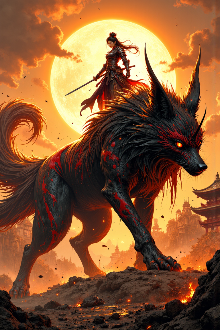 mythp0rt, A colossal nine-tailed fox spirit with red and black markings on its fur stands before a crumbling ancient Japanese temple, evoking a sense of awe and ancient mysticism. Underneath an orange-yellow sky that bathes the scene in a surreal, warm glow, a fierce female samurai stands atop the giant fox. Dressed in intricate, traditional samurai armor, she grips a sharp katana in one hand, her eyes fixed intensely forward with a look of steely determination. The fox's nine tails flow dramatically behind it, adding a sense of movement and power to the scene. The air is filled with floating dust and embers, giving the impression of a recent battle or magical encounter, while the ground beneath swirls with dirt and debris. The entire scene is depicted in high contrast and vibrant colors, with ultra-realistic details that bring out every texture and nuance, capturing a fantastical moment in a hyper-realistic style.
<lora:FluxMythP0rtr4itStyle:0.75> mythp0rt,
<lora:edgy_fashionista_flux_ntc_v2:0.65>,
<lora:bokeh_flux_ntc:0.65>,
<lora:detailed_flux_ntc:0.5>,